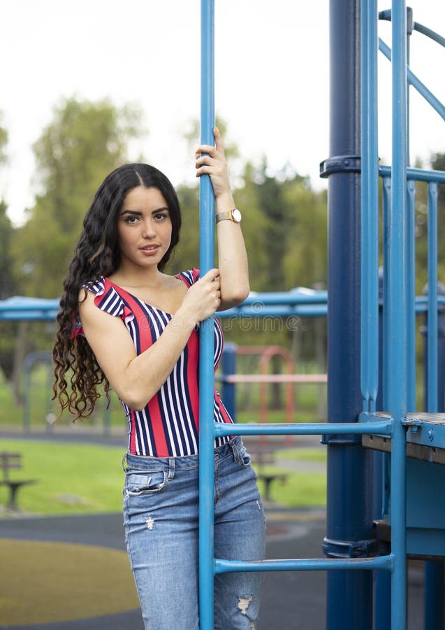 Beautiful Young Woman on Playground Stock Photo - Image of outdoors ...