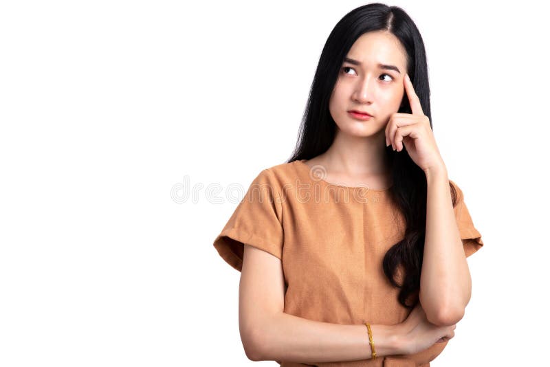 Portrait of beautiful young woman standing thinking of serious confident isolated on white background