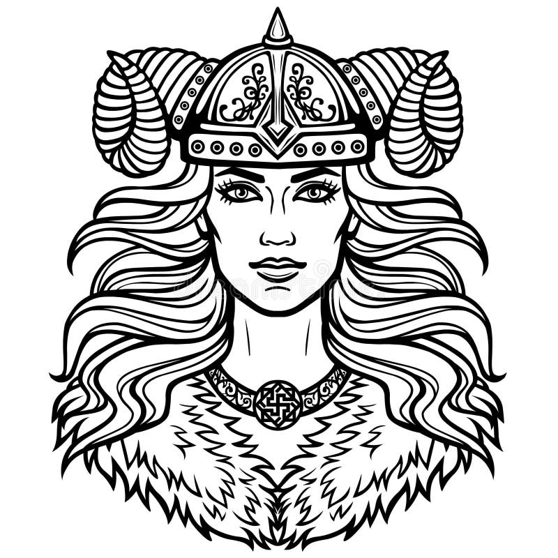 Portrait of the beautiful young woman Valkyrie in a horned helmet. Pagan goddess, mythical character.