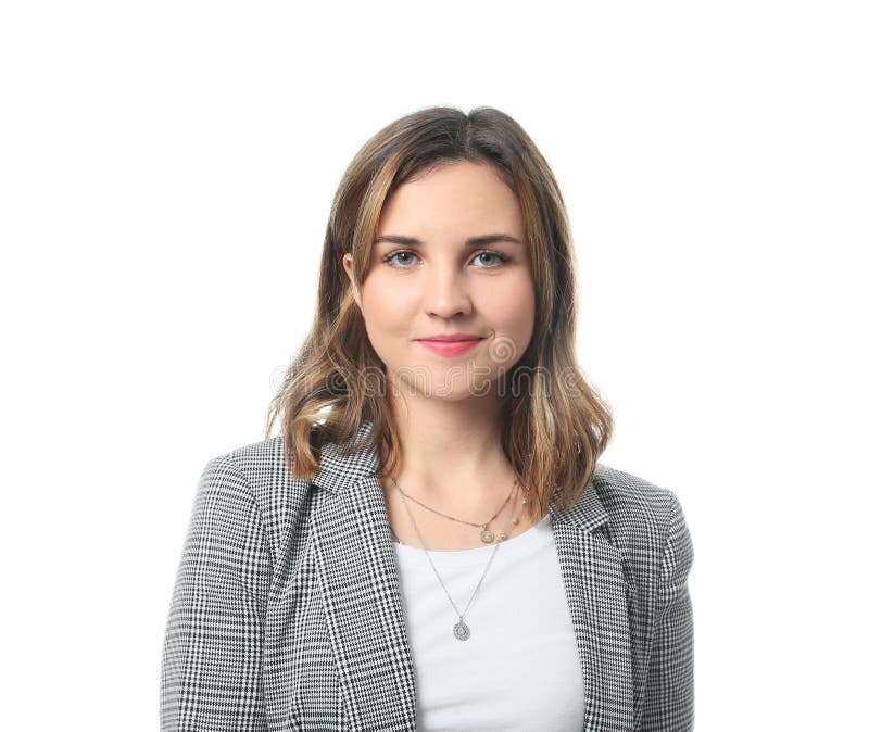 Portrait of beautiful young woman on white background