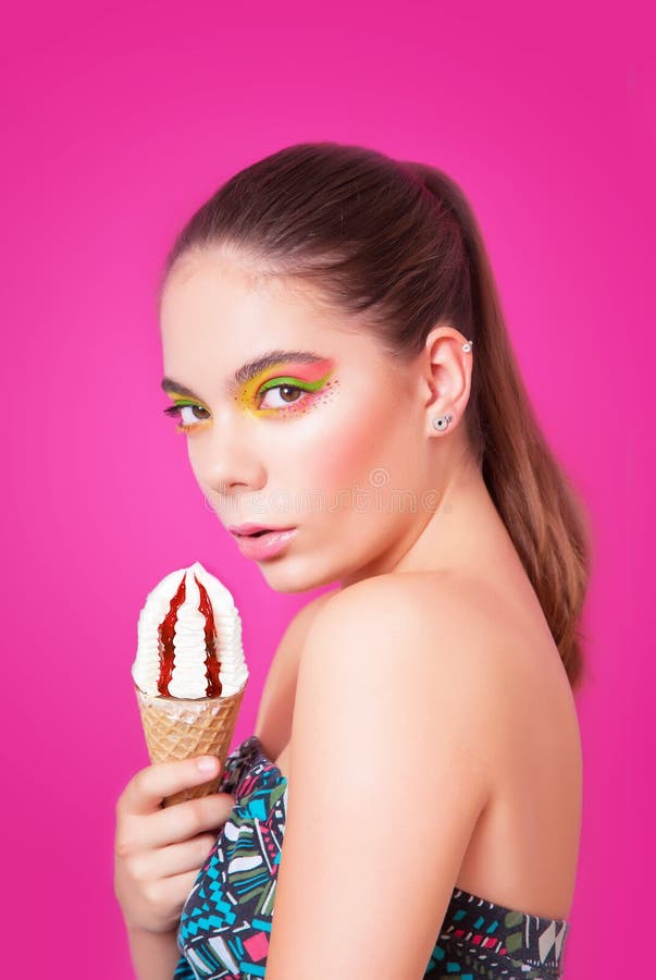 Portrait Of Beautifull Woman With Ice Cream Over Pink Background Stock Image Image Of