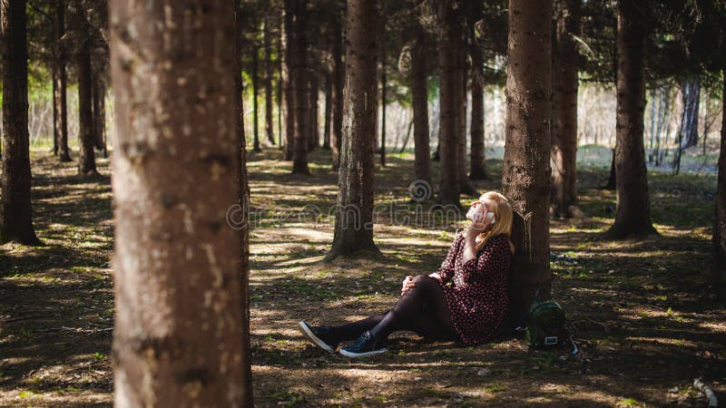 ايموجي مناظر طبيعية  Portrait-blonde-woman-summer-dress-walk-girl-coniferous-forest-park-dressed-black-pantyhose-sneakers-white-sole-92301302