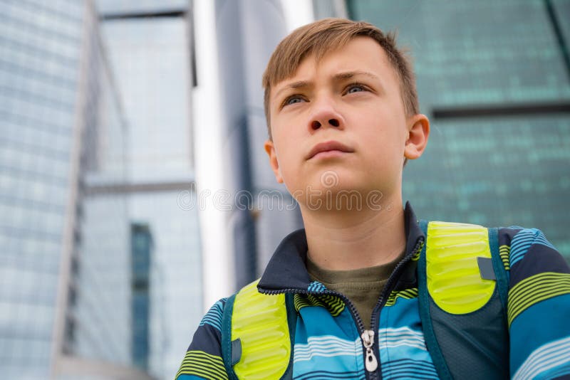 Portrait of a teenager on a background Moscow International Business Center. Portrait of a teenager on a background Moscow International Business Center