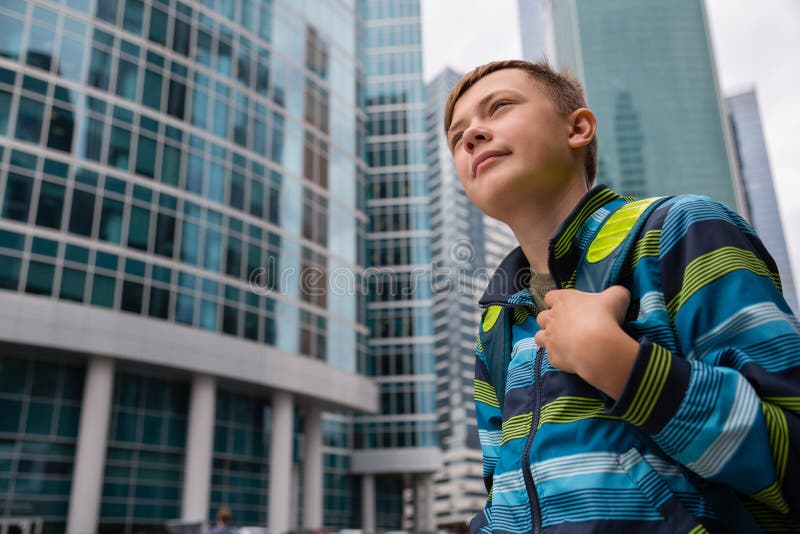 Portrait of a teenager on a background Moscow International Business Center. Portrait of a teenager on a background Moscow International Business Center