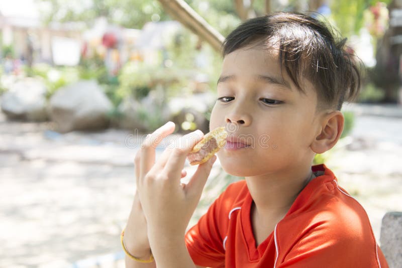 Portrait of a Boy Eating Bread Ice Cream Roll Sandwich Stock Image