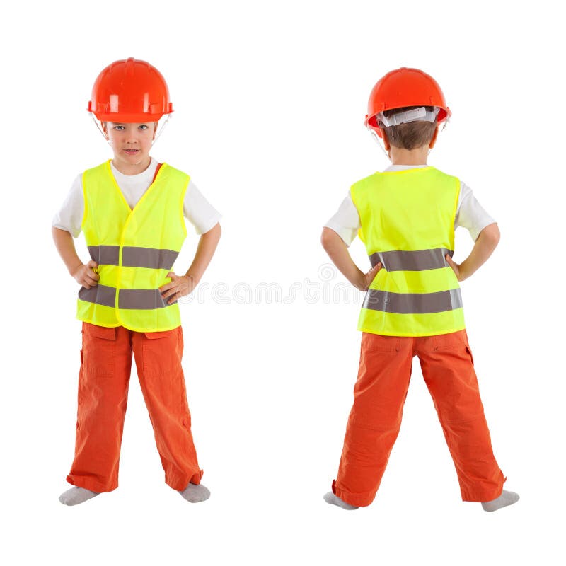 Portrait of boy in orange helmet, isolation