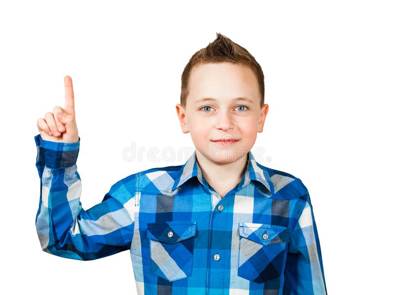 Portrait Boy Wearing Shirt Point Finger Up Isolated On White