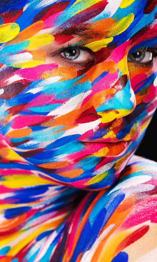 Portrait Of The Bright Beautiful Girl With Painting Art Colorful Make