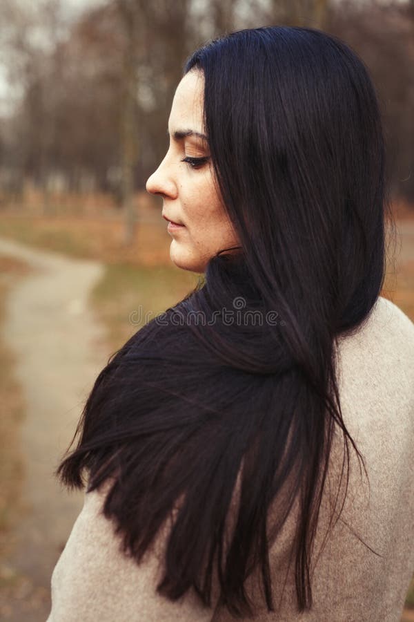 Portrait of Brunette Woman with Thick Beautiful Long Hair Close Outdoor  Stock Photo - Image of autumn, fashion: 234946762