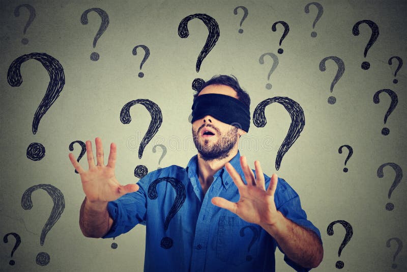 Portrait Blindfolded Man Stretching His Arms Out Walking Through Many  Question Marks Isolated On Gray Wall Background Stock Photo, Picture and  Royalty Free Image. Image 64446917.