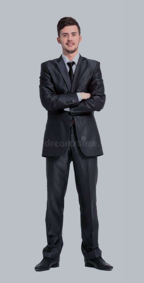 Full body portrait of happy smiling business man, isolated on white background