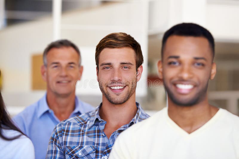 Portrait, business people and man with cooperation, smile and confidence for creative agency. Face, happy group and royalty free stock photography