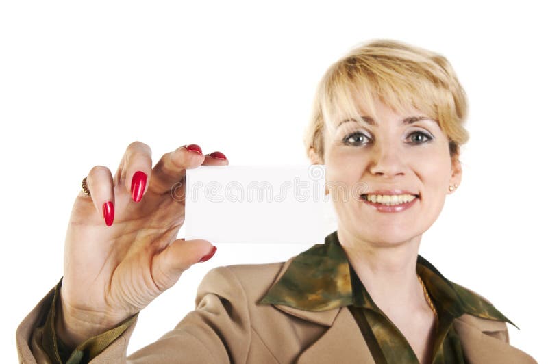 Portrait of business woman giving blank business card