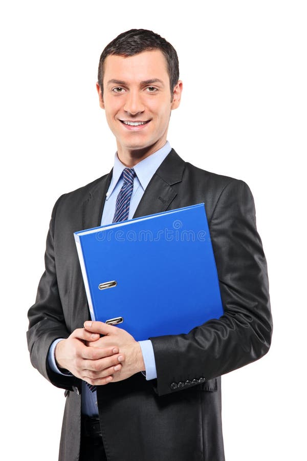 A portrait of a happy businessman holding a fascicule with documents isolated on white background. A portrait of a happy businessman holding a fascicule with documents isolated on white background