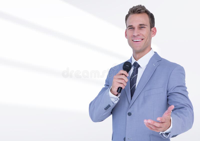 Composite image of businessman public speaking on microphone against white background. Composite image of businessman public speaking on microphone against white background