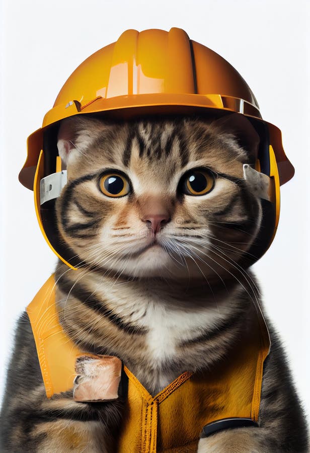 Portrait of a Cat in a Construction Helmet. AI Generated Stock Photo