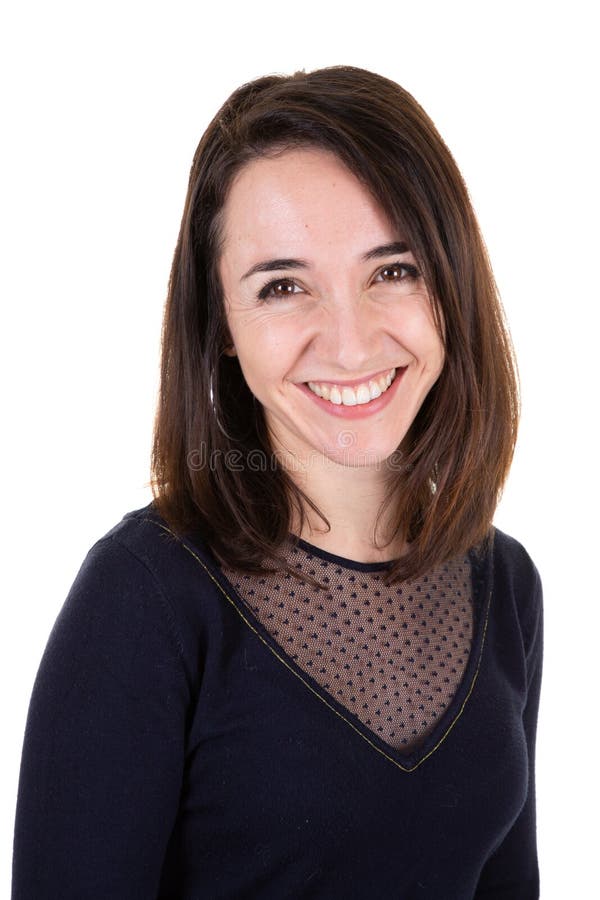 A Portrait of charming brunette woman in smiling broadly at camera stock photo A Portrait of charming brunette woman in smiling broadly at camera stock photo