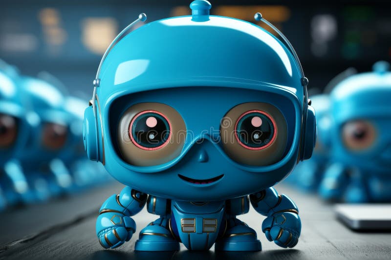 Cheerful little blue robot smiling stock illustration