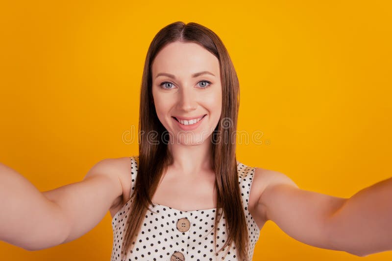 Portrait of Cheerful Positive Charming Lady Take Selfie on Yellow ...