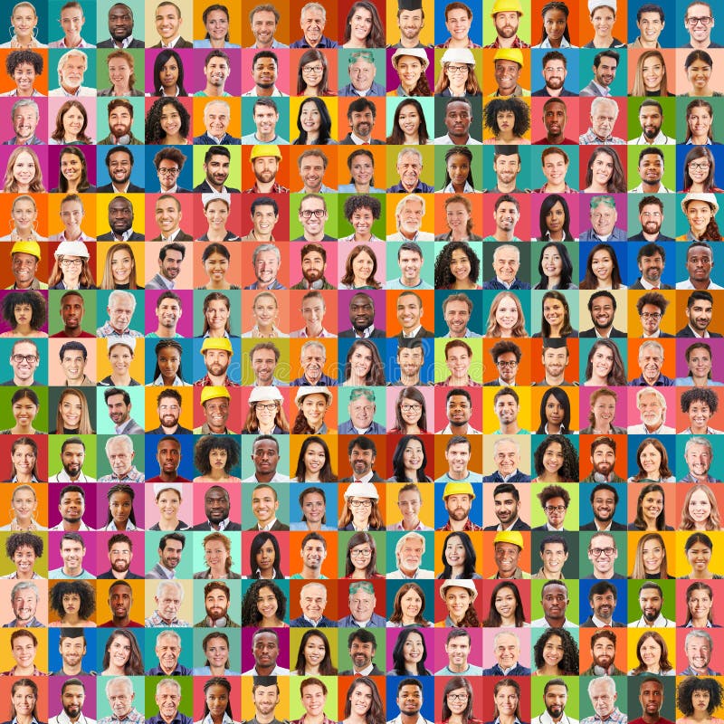 Portrait collage of adults of many generations as a square stock image