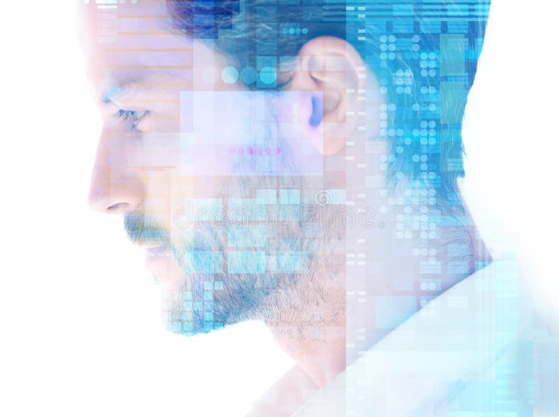 Creative artwork created as a result of combining a portrait with a digital illustration. Digital system concept stock images, royalty-free photos and pictures