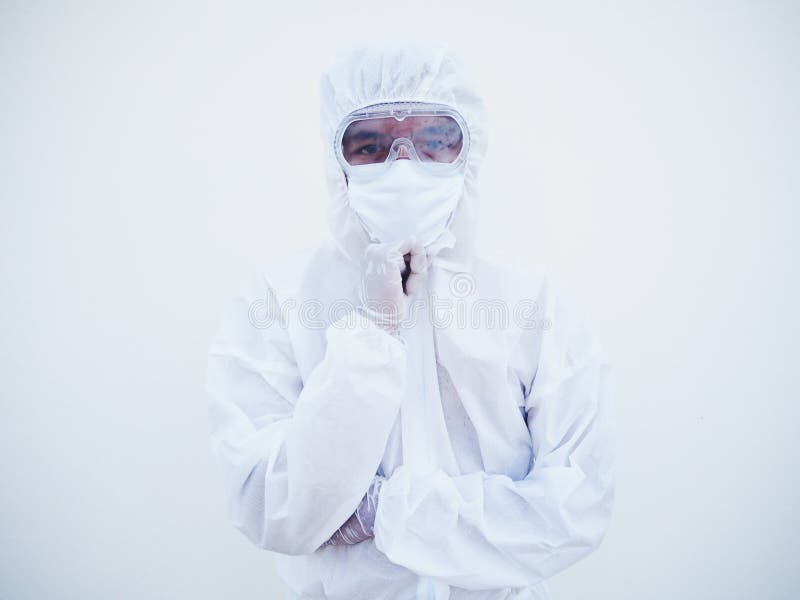Portrait of confident asian male doctor or scientist in PPE suite uniform empty space deep thinking creative person hand on chin royalty free stock photography