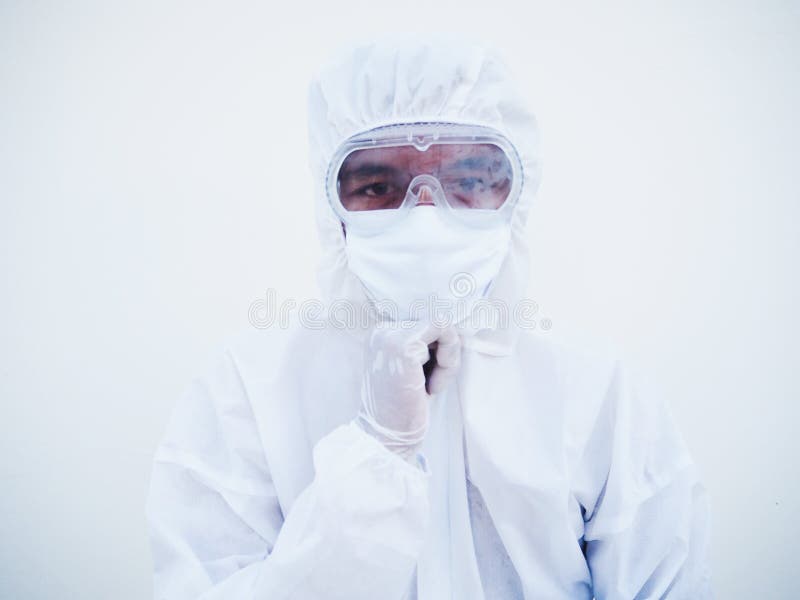 Portrait of confident asian male doctor or scientist in PPE suite uniform empty space deep thinking creative person hand on chin stock photography