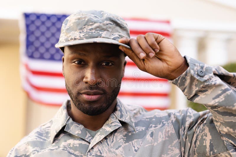 Portrait of Confident Male African American Army Soldier Wearing Cap ...