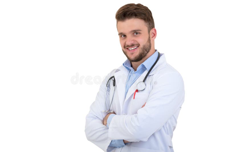 Portrait of confident young medical doctor on white background stock photography Portrait of confident young medical doctor on white background stock photography