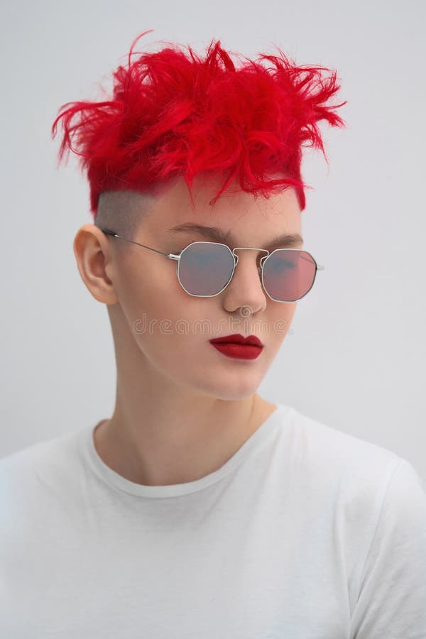 Portrait of a Cool Fashionable Modern Young Girl. a Short Haircut with  Shaved Temple. Dyed Bright Red Hair Stock Photo - Image of dyed, people:  182862796
