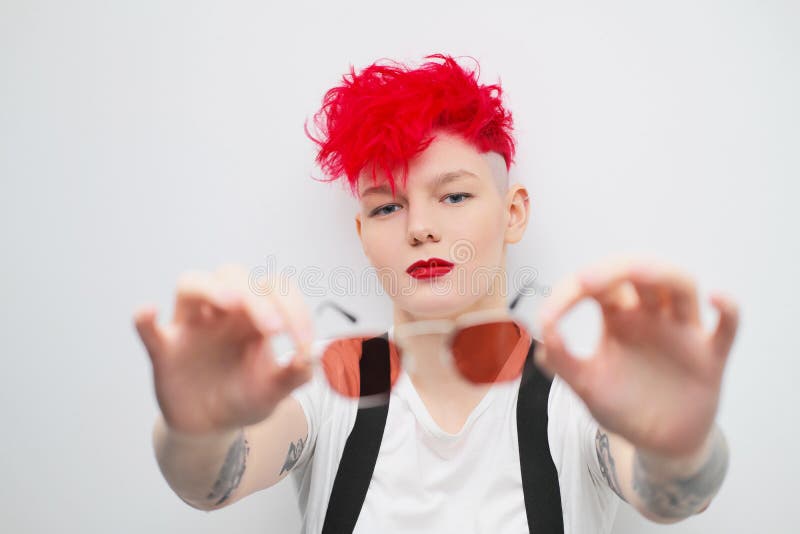 Portrait of a Cool Fashionable Modern Young Girl. a Short Haircut with Shaved Temple. Dyed Bright Red Hair Stock Image - Image of haircare, glamour: 182863691 Portrait of a Cool Fashionable Modern Young Girl. a Short Haircut with Shaved Temple. Dyed Bright Red Hair Stock Image - Image of haircare, glamour: 182863691