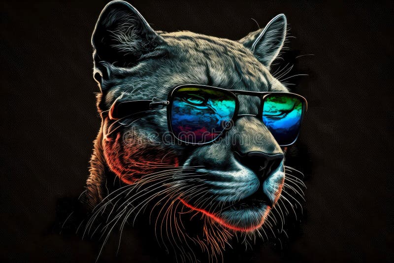 Portrait of Cougar with Sunglasses on a Dark Background Stock ...
