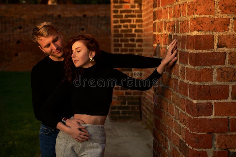 Romantic Couple Young Beautiful Sensual Redhead Woman And Tall Handsome 