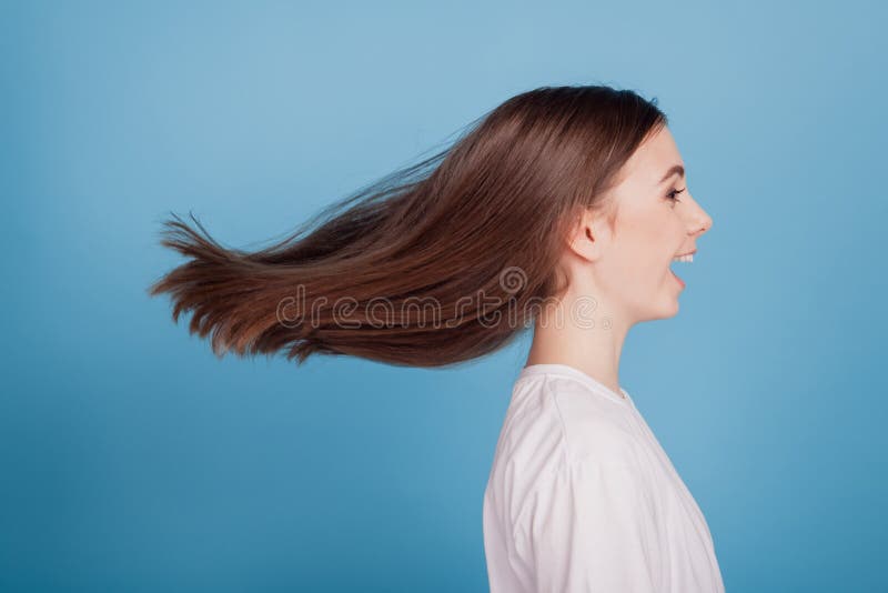 Portrait of Crazy Excited Funky Lovely Lady Look Empty Space Wind Blow ...