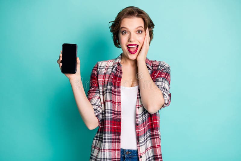 Portrait of crazy funky girl promoter look good incredible promo ads show smartphone impressed scream wow omg wear royalty free stock photography Portrait of crazy funky girl promoter look good incredible promo ads show smartphone impressed scream wow omg wear royalty free stock photography