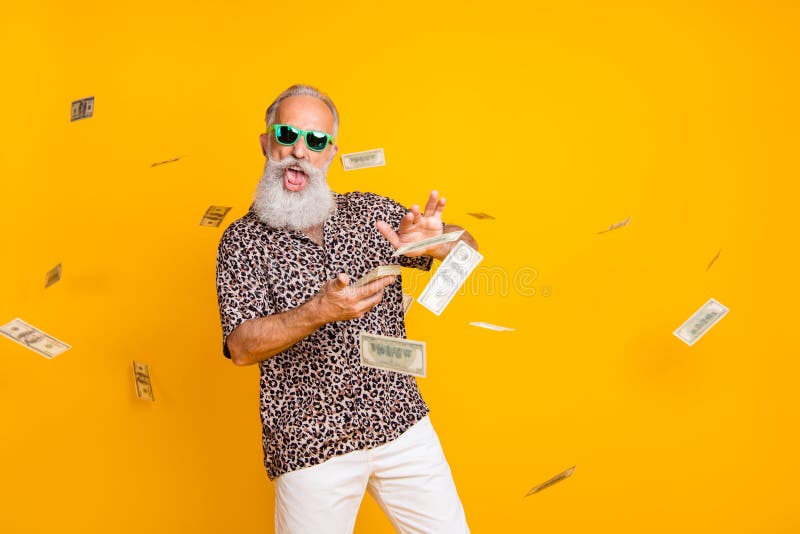 Portrait of crazy funny funky old long bearded man millionaire in eyewear eyeglasses waste money throw banknotes wear royalty free stock photography Portrait of crazy funny funky old long bearded man millionaire in eyewear eyeglasses waste money throw banknotes wear royalty free stock photography