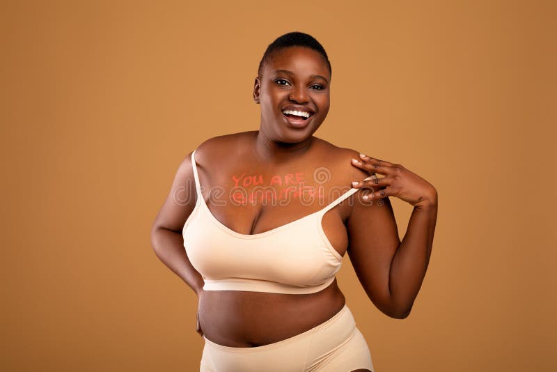 Portrait of Curvy Smiling Black Woman in Underwear Posing Stock Image -  Image of inscription, obese: 230213137