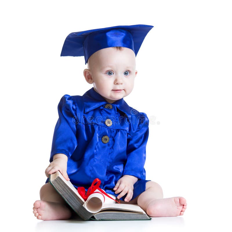 Portrait of cute baby in student hat with book