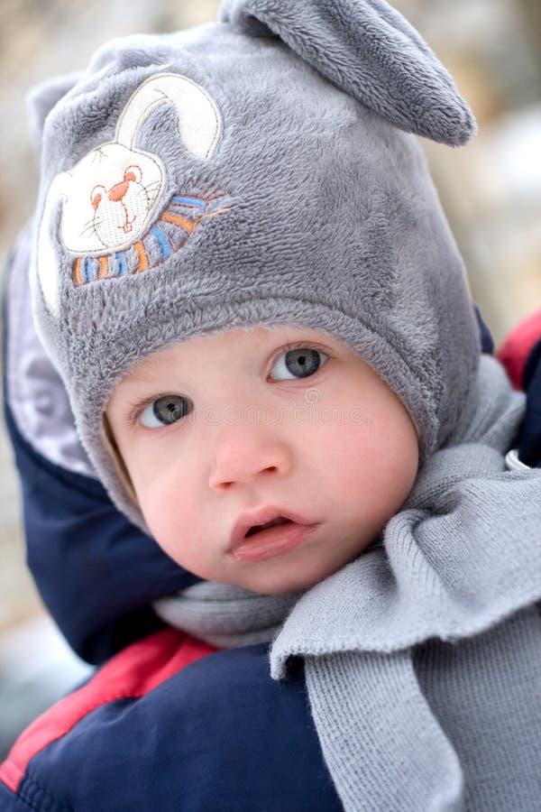 Portrait Of A Cute Baby Wearing A Winter Hat Stock Image Image of
