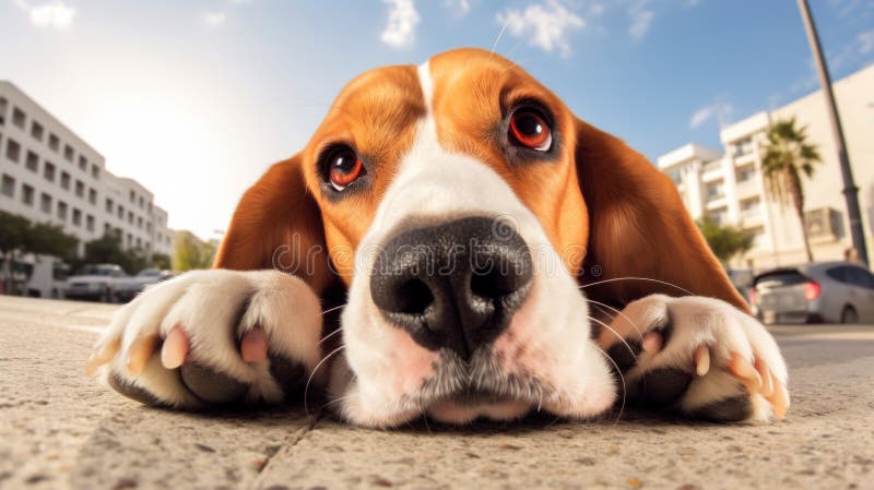 Portrait of a cute Beagle dog lyong on a pavement royalty free illustration