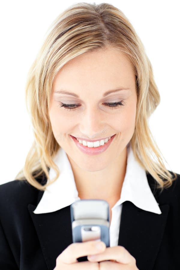 Portrait of a cute businesswoman sending a text royalty free stock photography