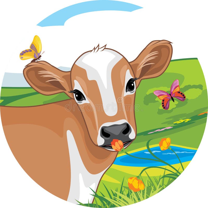 Portrait of a cute calf with bright butterflies. Sticker