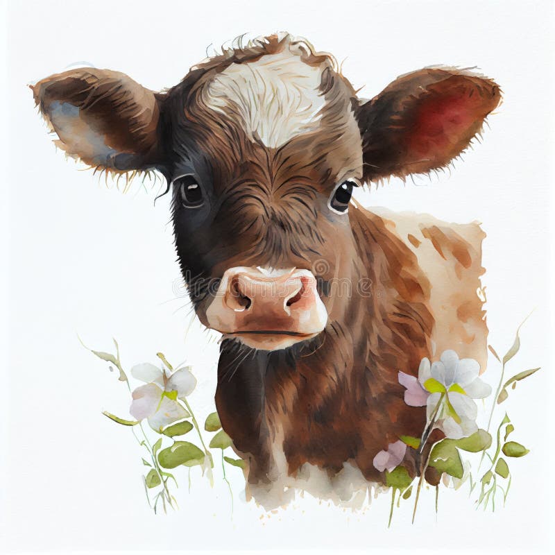 Portrait of a cute calf, watercolor illustration