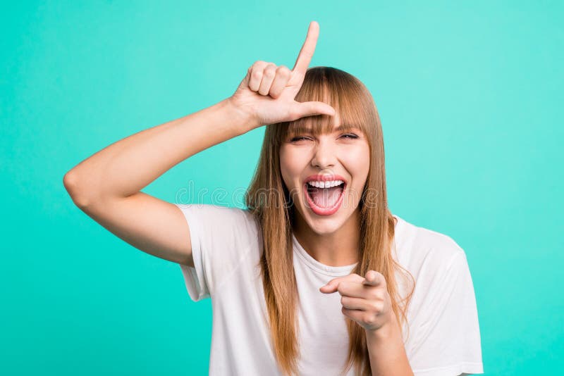 Portrait of Cute Crazy Impolite Person People Show Make L-sign Forehead  Scream Like Child Bullying Dressed Modern Trendy Stock Image - Image of  comic, long: 148227961