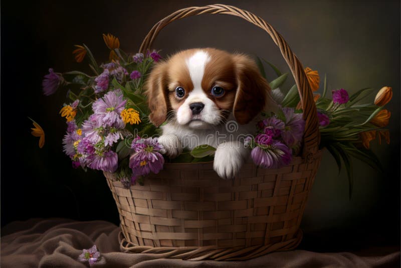 Portrait of a Cute Dog in a Basket of Flowers. AI Generated. Stock