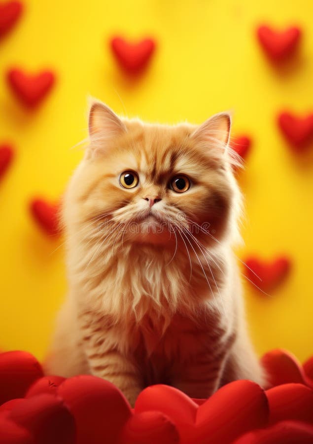 Portrait of a cute ginger cat surrounded by red hearts stock illustration