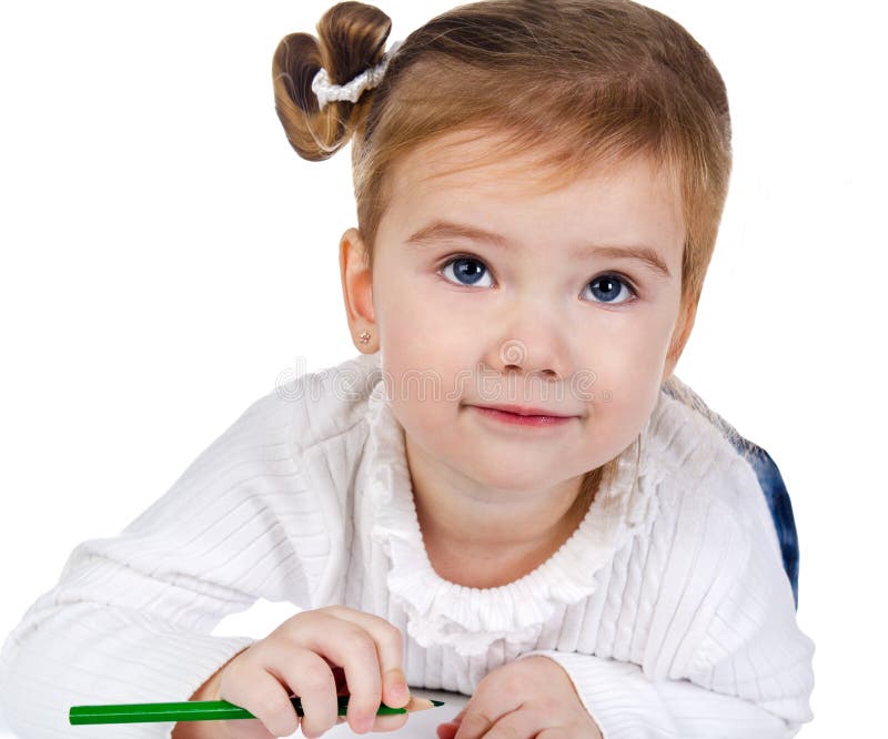 Portrait of cute little girl with a pencil