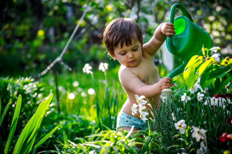 Girl Watering Flowers. Little Girl with a Watering Can in the Garden ...