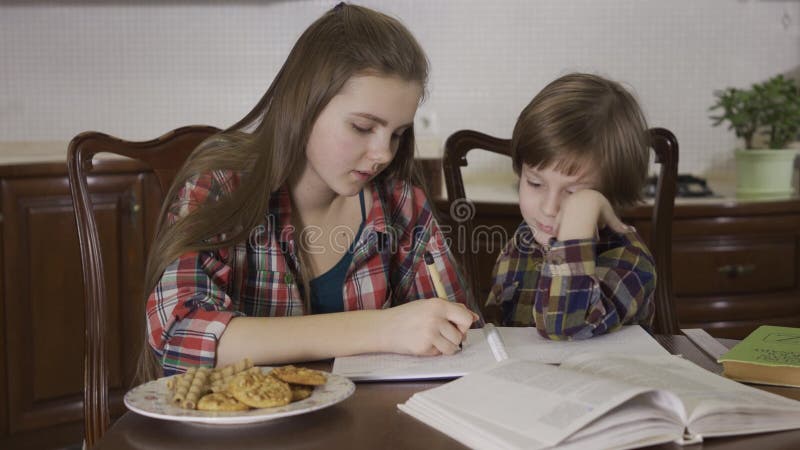 Portrait of Cute Older Sister and Aborable Younger Brother Learning Lessons. a Girl Does Homework with a Little Boy. Stock Footage - Video of friends, girl: 147546046