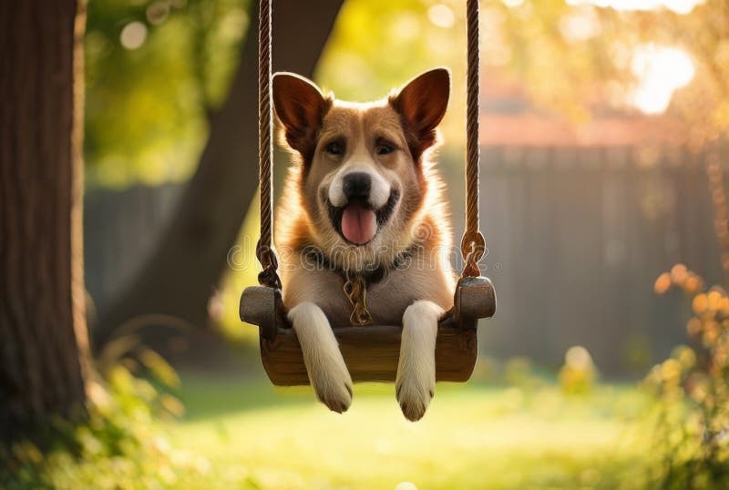 Portrait of a cute puppy on a swing in the park. vector illustration